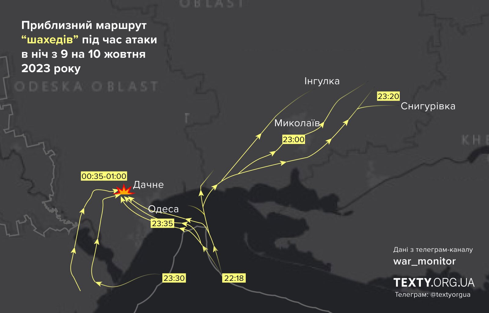 10-10 одещина, шахеди, маршрут дронів, карта