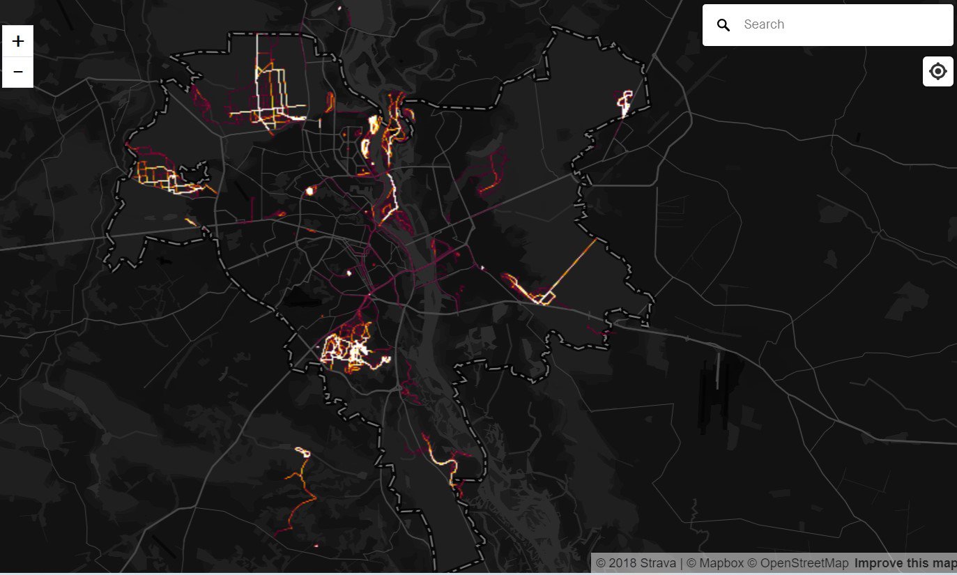 Виглядає, що в Києві перемагає Голосіївський парк, однак в усіх районах є куди податися: скріншот із карти Strava