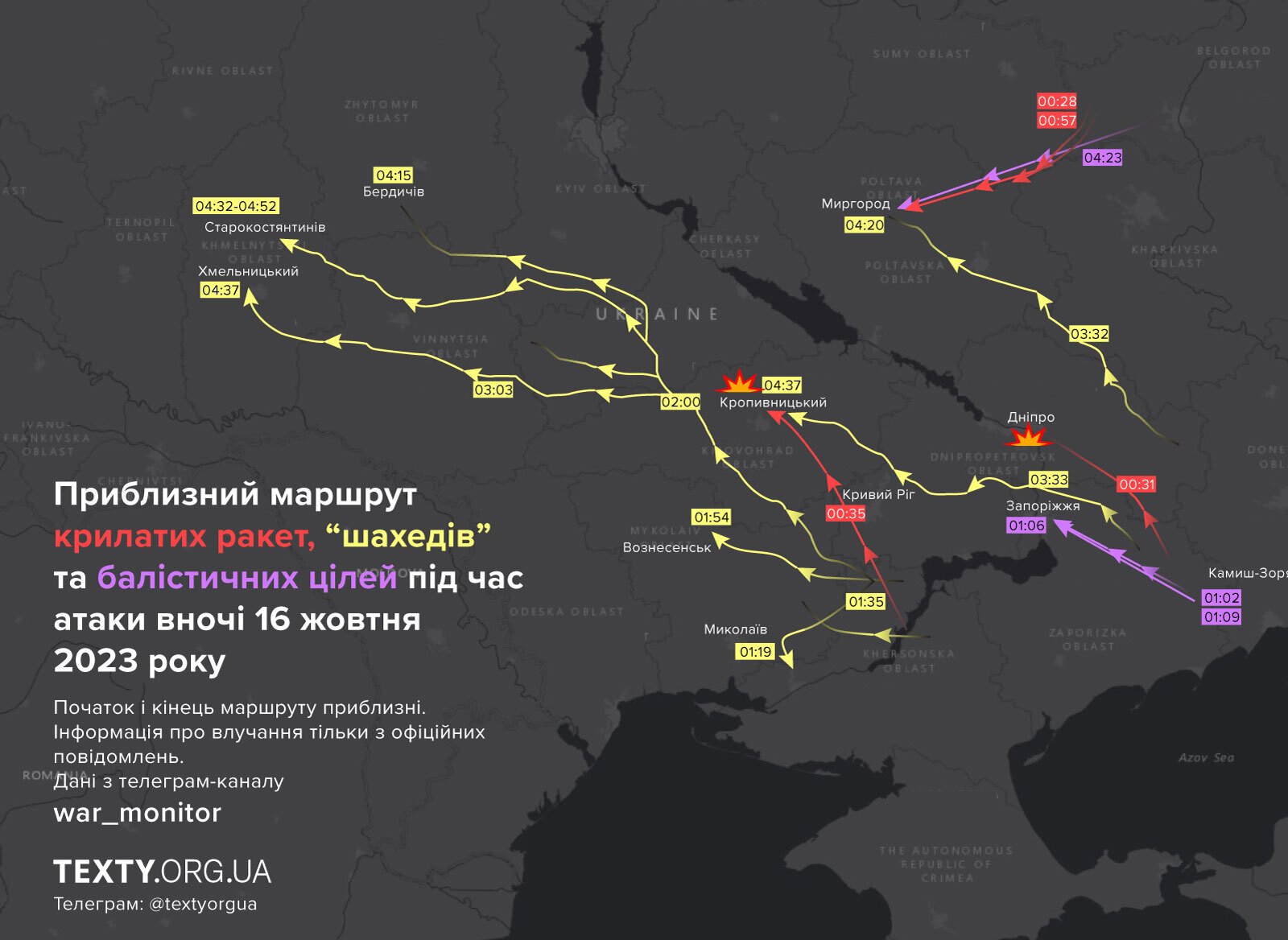 16-10 маршрут ракет, ППО, маршрут дронів, обстріли, атака дрони, карта