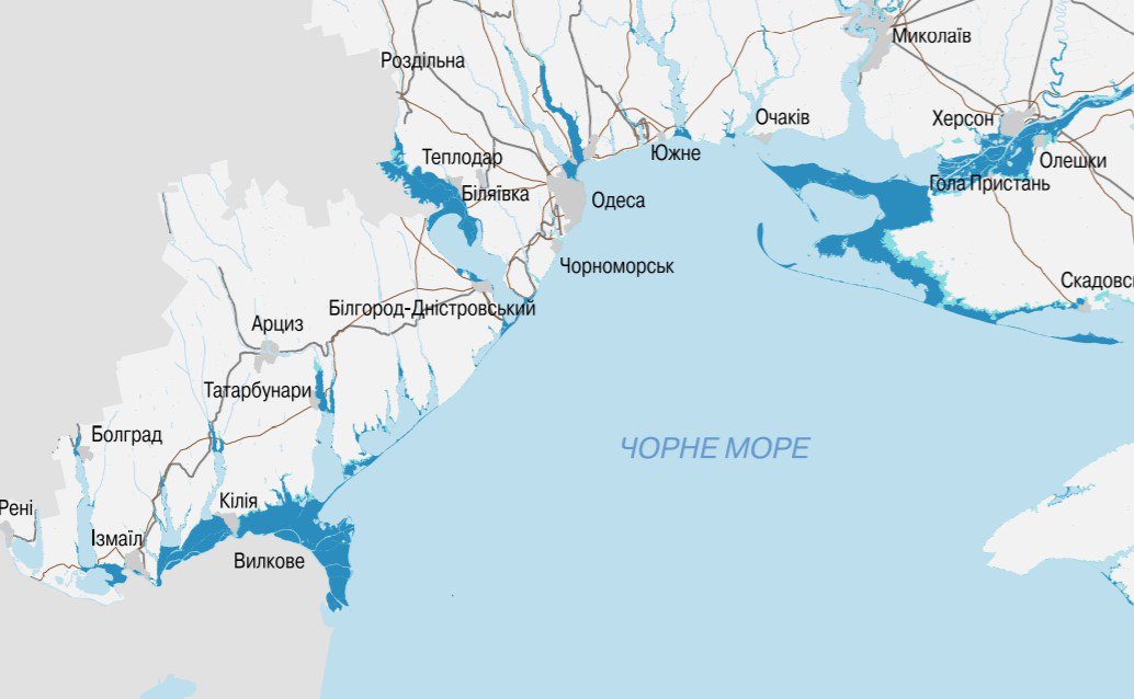 Зони підтоплення на чорноморському узбережжі материкової частини України