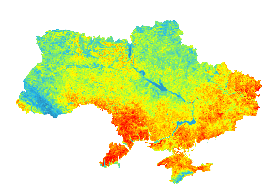 Денна температура поверхні землі, літо 2015 року. Дані: MODIS