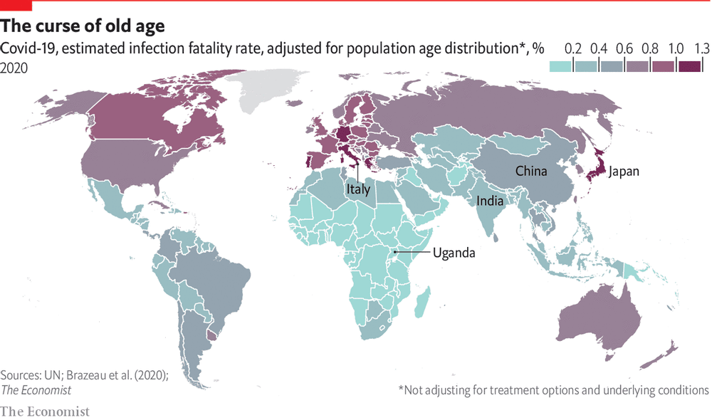 Відсоток померлих від заражених, з поправкою на розподіл заражень за віком, за інших рівних умов – математичне моделювання The Economist