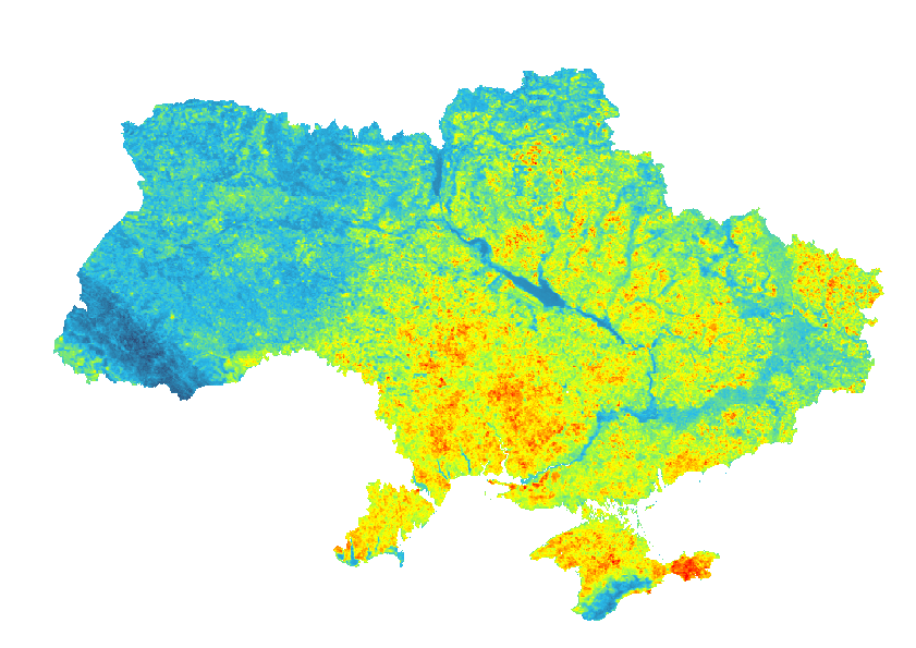 Денна температура поверхні землі, червень-липень 2023 року. Дані: MODIS