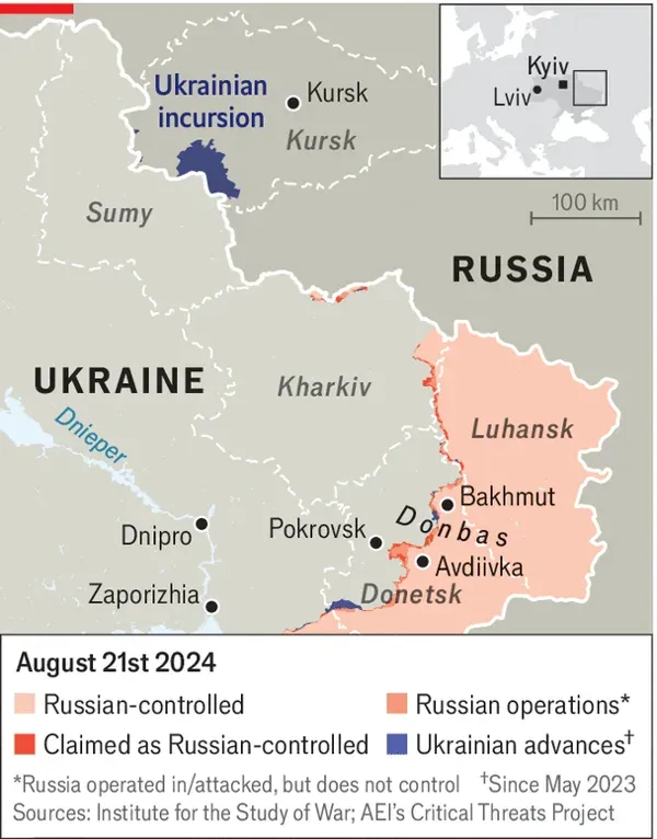 Карта бойових дій на Донбасі та Курщині. Джерело: The Economist