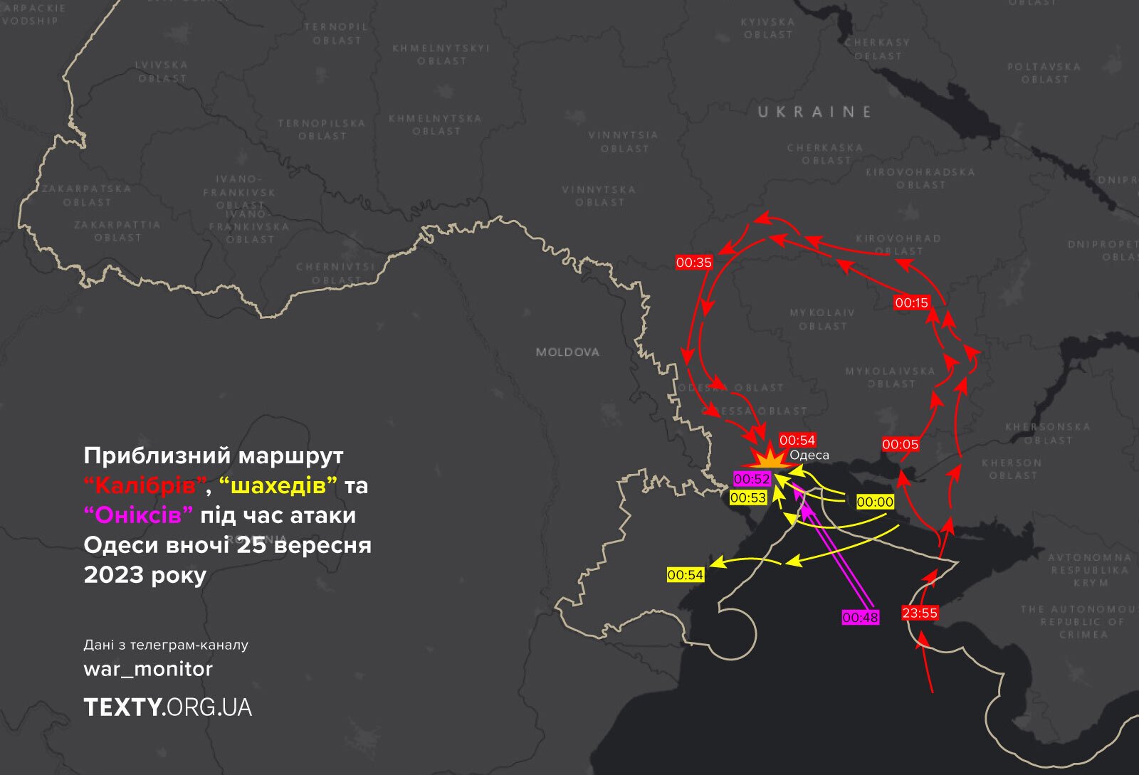 25-09 (1) маршрут ракет, обстріли міст, маршрут дронів, одеса, карта атак РФ