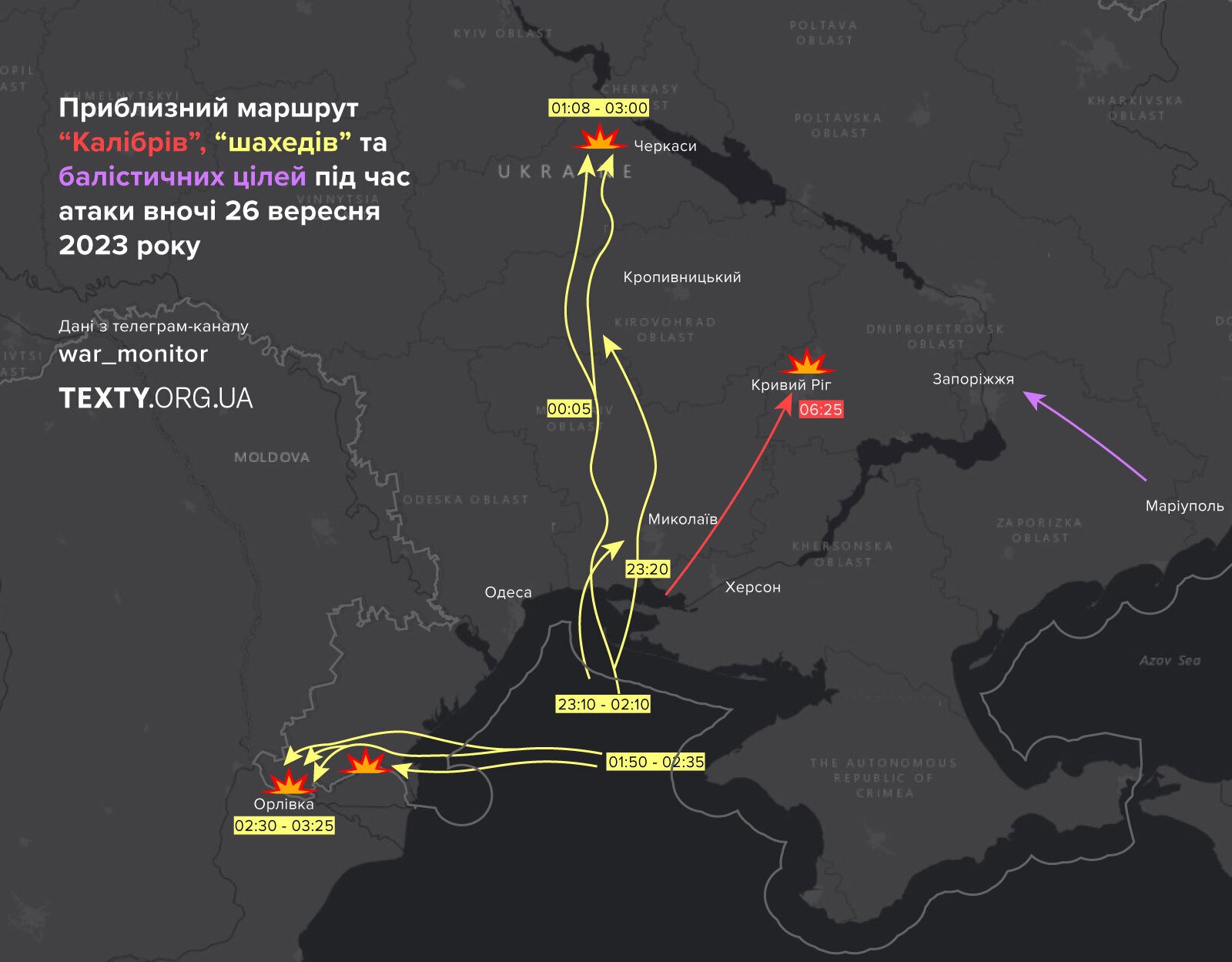 26-09 маршрут дронів, карта атак РФ, маршрут ракет, обстріл інфраструктури