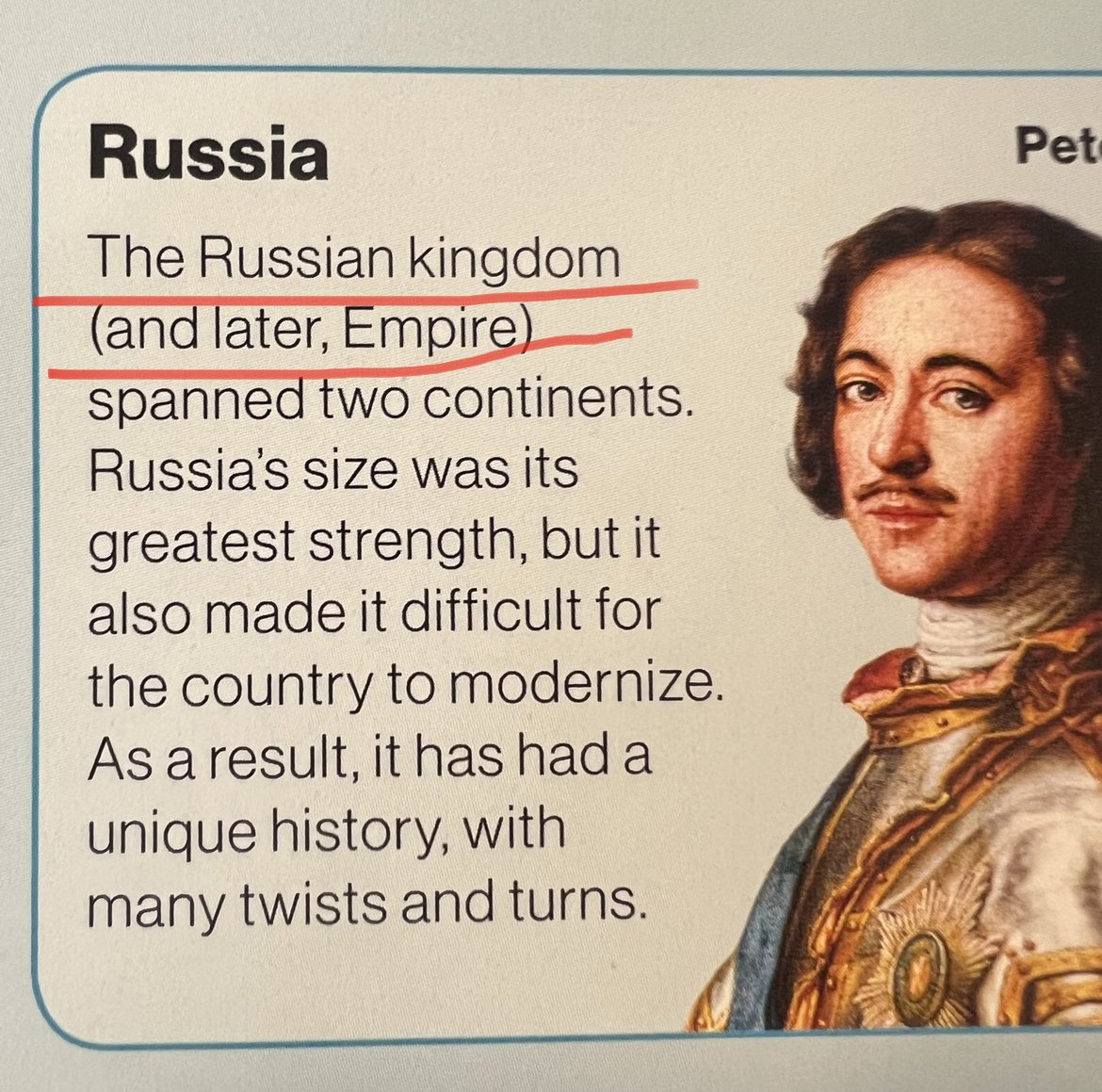 Timelines of everyone ("Хронологія всіх") видавництво Dorling Kindersley, 2020 рік. Петра І згадано у прив‘язці до Русского царства, якого ніколи не було. Звісно, то була Московська держава, як і зазначено в тогочасних московських документах, московських газетах і на московських грошах