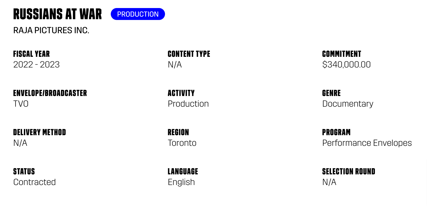 A Canadian Media Fund website screenshot confirming that Canadian taxpayers' money was spent on a film about the Russian military at war