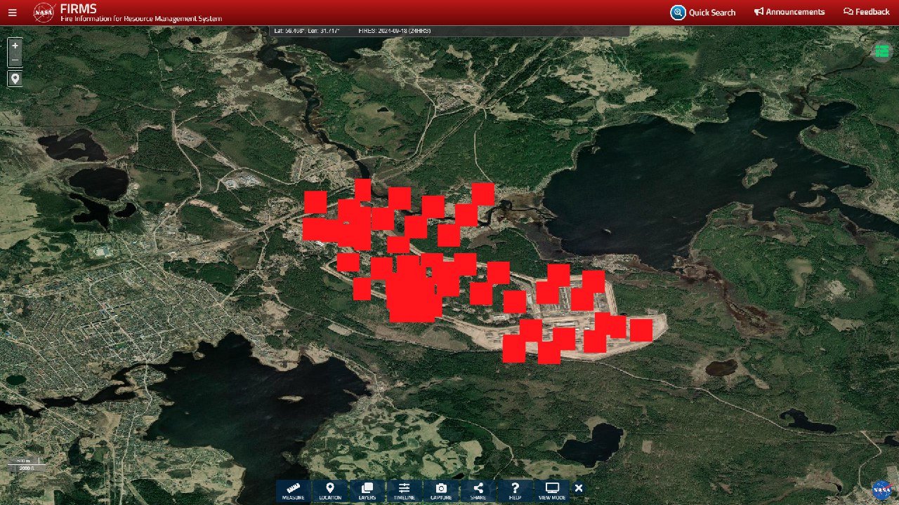 Площа пожежі, яка була зафіксована супутниками NASA. Фото: FIRMS