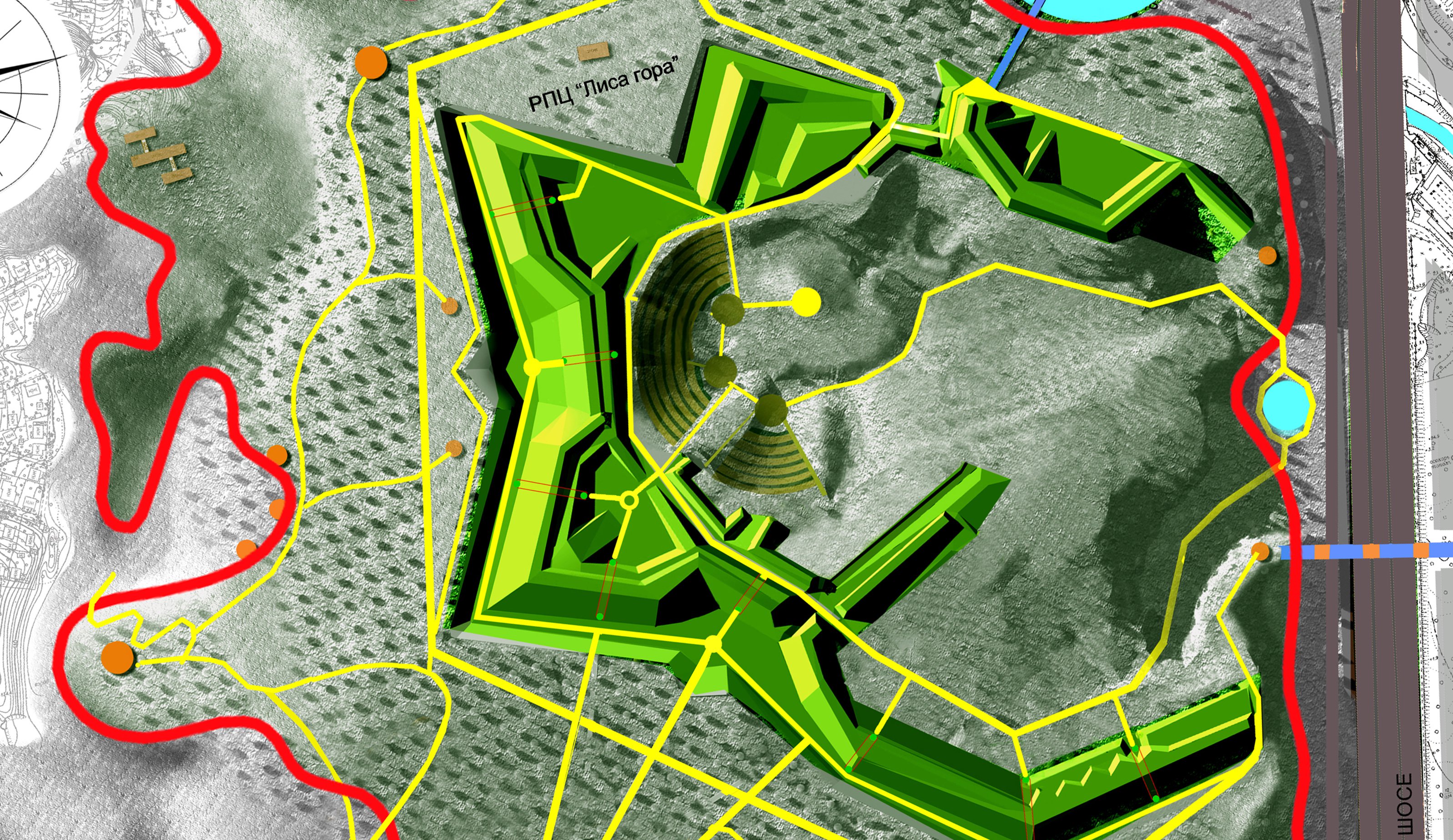 Лиса гора сама собою містичне місце. Порослі лісом і хащами гігантські об’єми форту мало хто може скласти в єдину структуру. Комп'ютерна модель автора, відтворено за топографічною зйомкою. Жовті лінії – це доріжки, червоні – межі ландшафтного парку