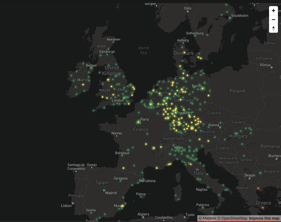 Map of Russian churches in Europe (19 countries)