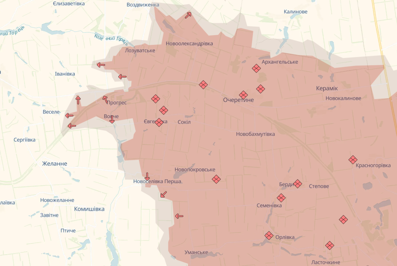 Ситуація на Покровському напрямку в районі села Прогрес станом на 26 липня, за даними DeepState. Скриншот