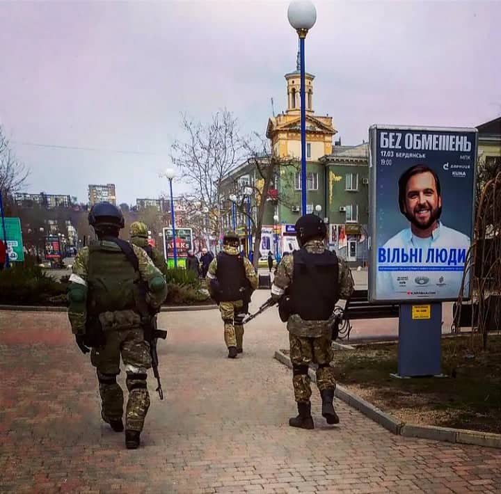 Russian servicemen flood the streets of occupied Berdiansk.