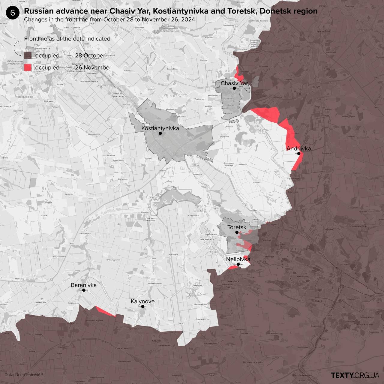 Map of Russian advances in the urban areas of Toretsk and Chasiv Yar in November 2024