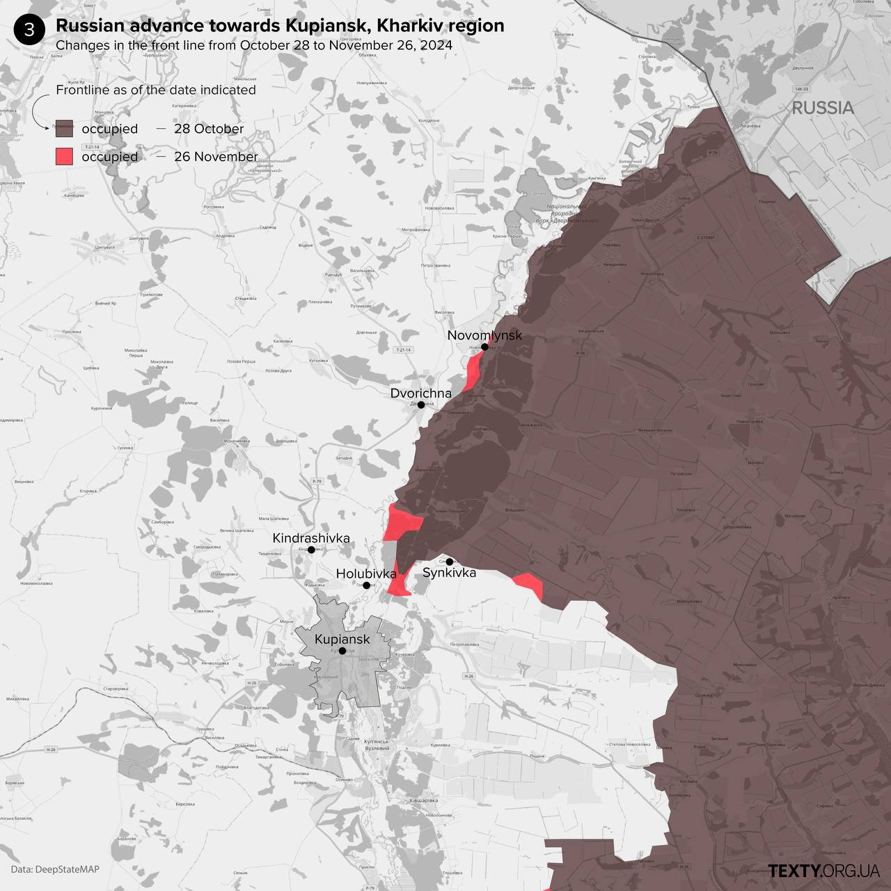 Map of Russian advances toward Kupiansk in the Kharkiv region in November 2024