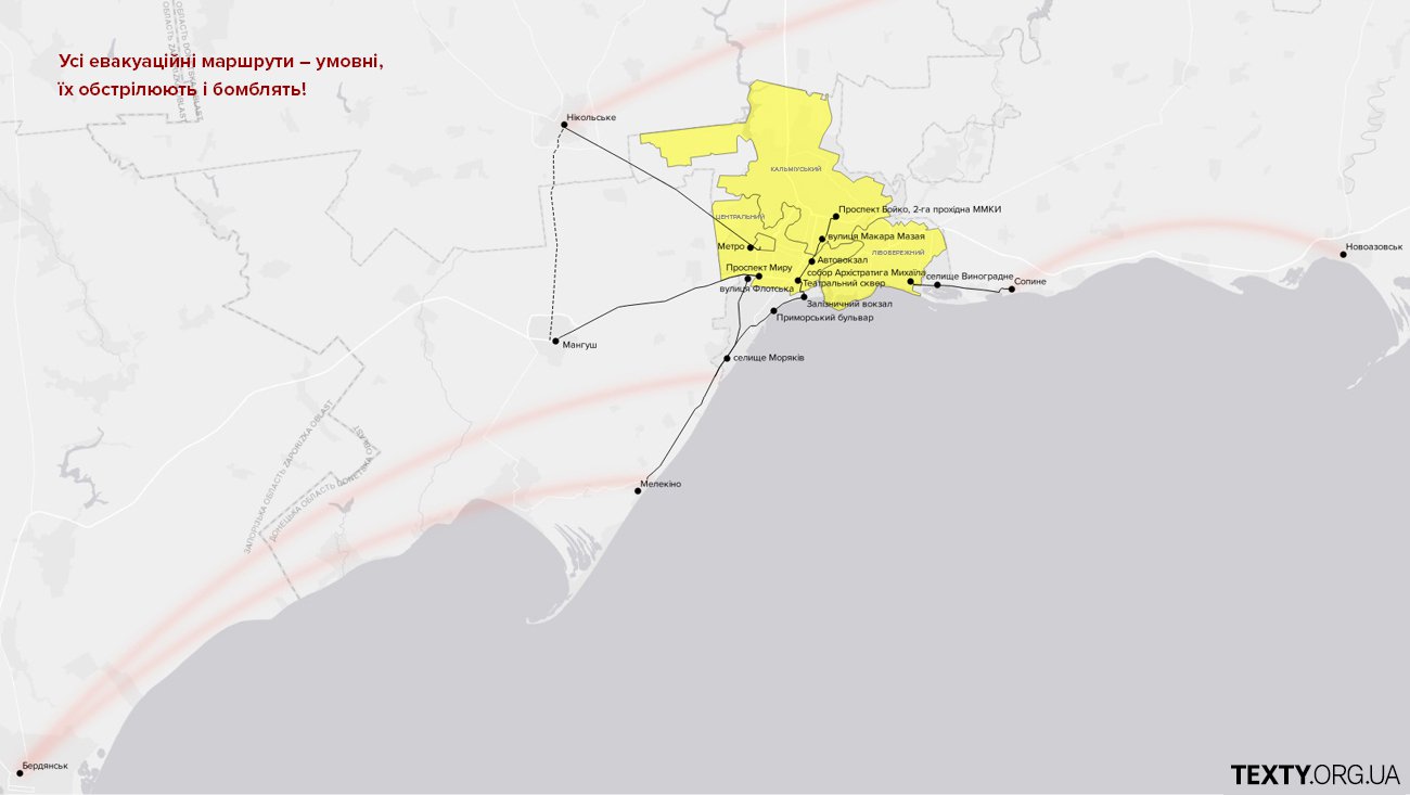 Орієнтовні напрямки евакуації мирних мешканців з Маріуполя станом на початок квітня. Детальні маршрути – дивіться в кінці тексту. Маріупольці, котрі живуть у районі Лівобережний, фізично можуть виїхати тільки до Росії. Щоб пробратися в сторону України, їм потрібно перетнути територію Азовсталі, що практично нереально